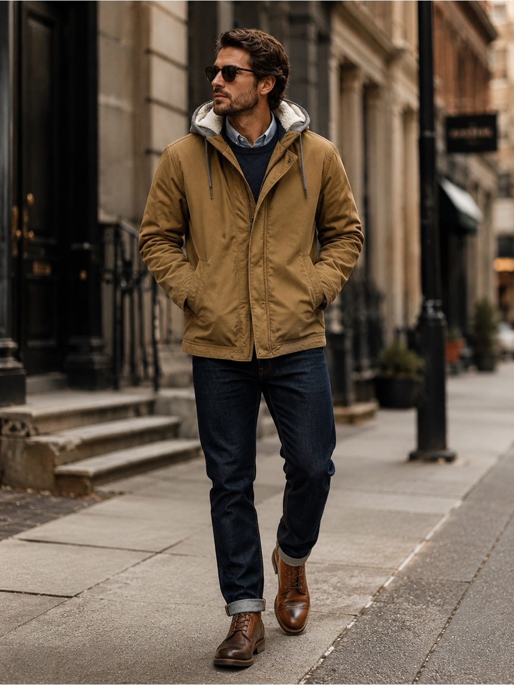 American Eagle Men's Tan Hooded Plaid Flannel Lined Field Sherpa Trim Jacket M